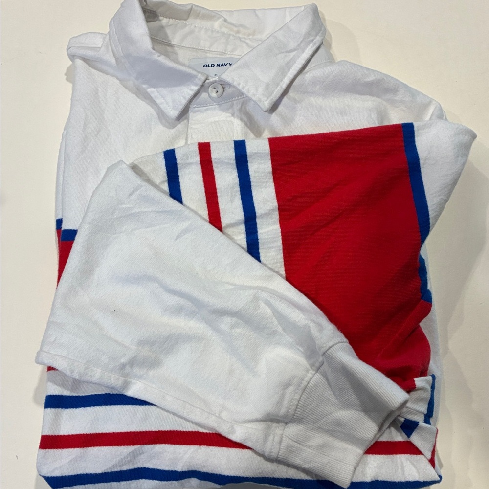 VTG XL Old Navy Rugby Shirt Mens Navy Blue Red Striped Rubber Button Cotton Y2K